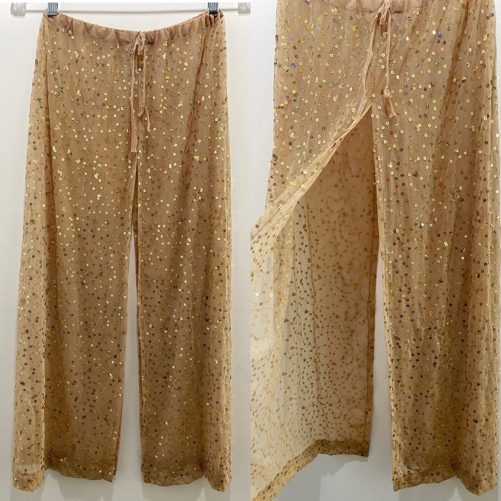 y2k vintage confetti seashell mesh sequins Sheer festival flare pants.